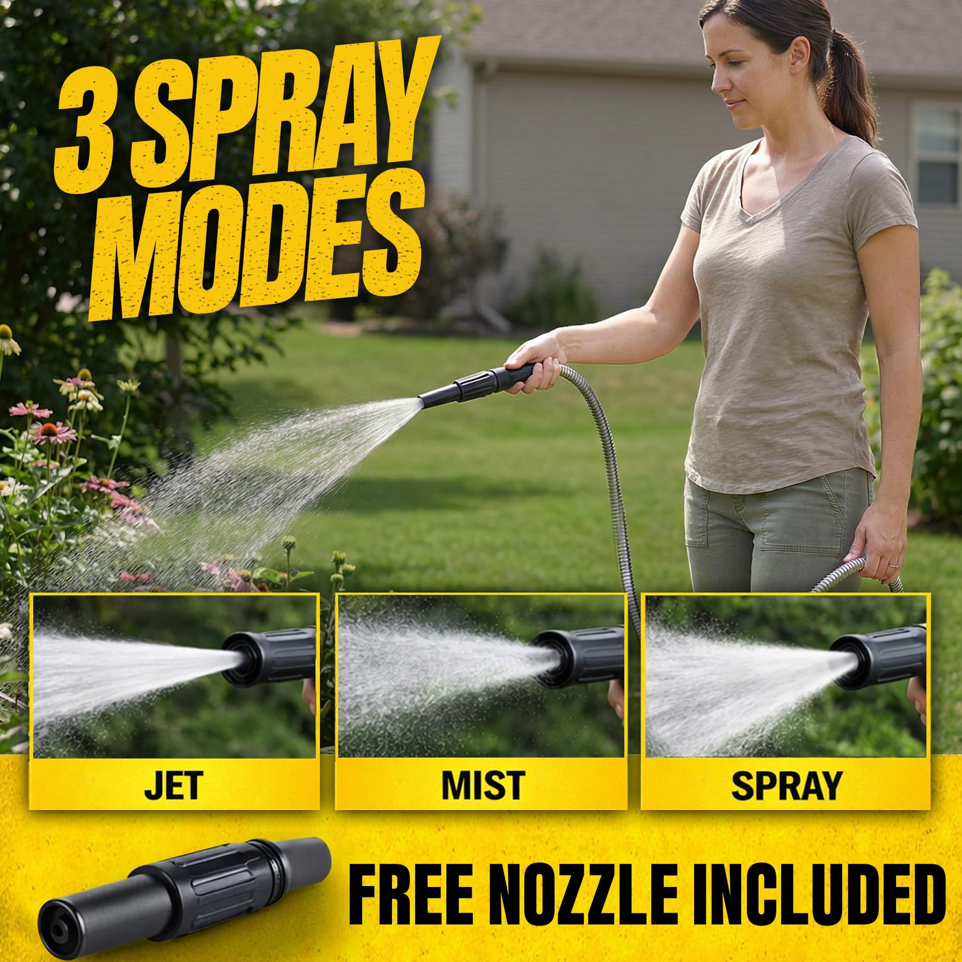 Woman using Bionic Steel 50 ft stainless steel garden hose displaying three spray modes: jet, mist, and spray, with a free nozzle included