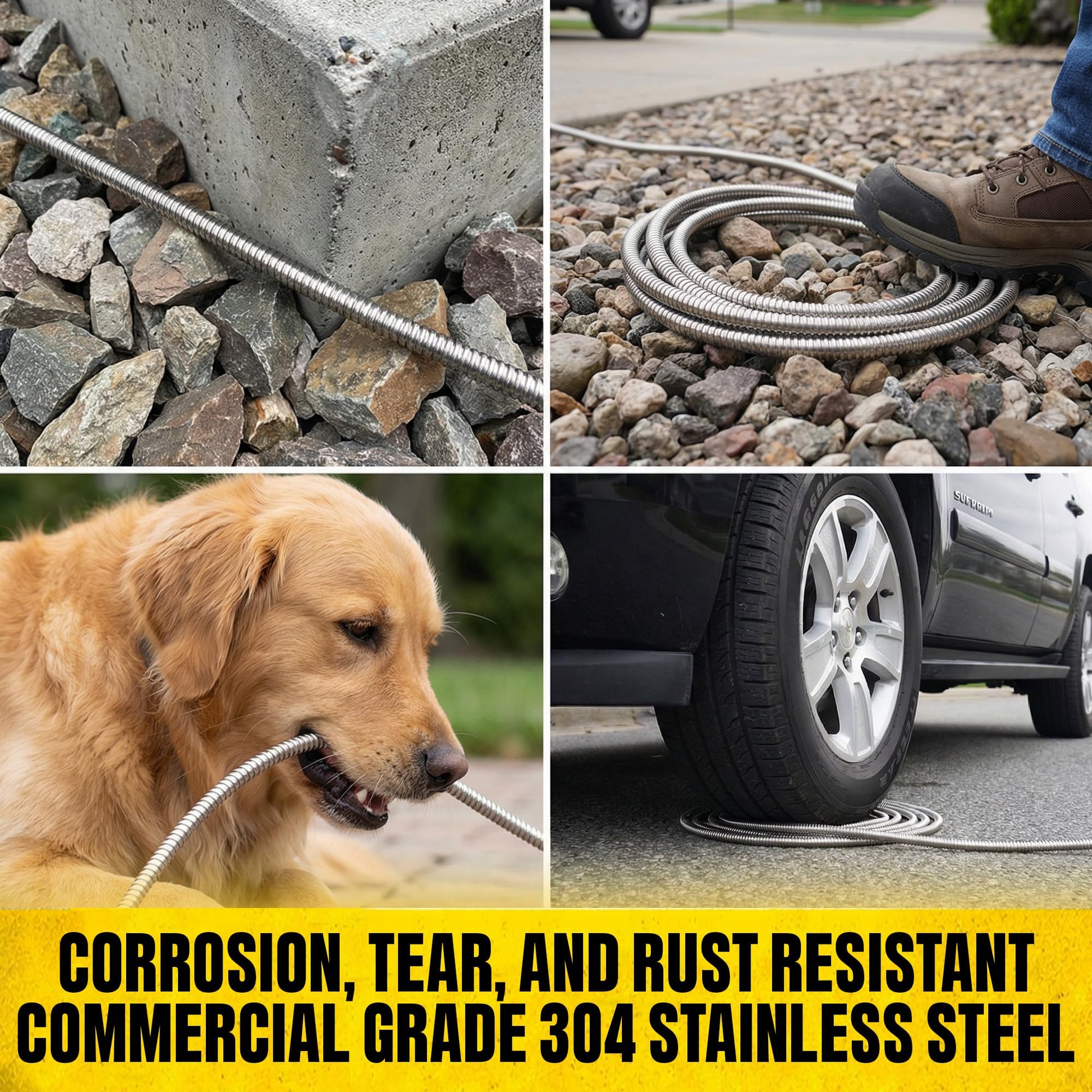 Commercial grade 304 stainless steel Bionic Steel 50 ft garden hose features with extreme corrosion, tear, and rust resistance shown in a 4-grid detail image layout