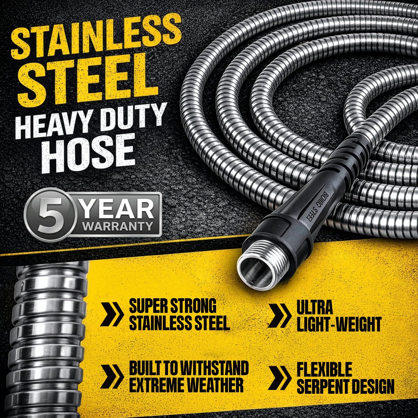 Bionic Steel 50 ft stainless steel heavy duty garden hose coiled on a black and yellow background with warranty and product feature highlights