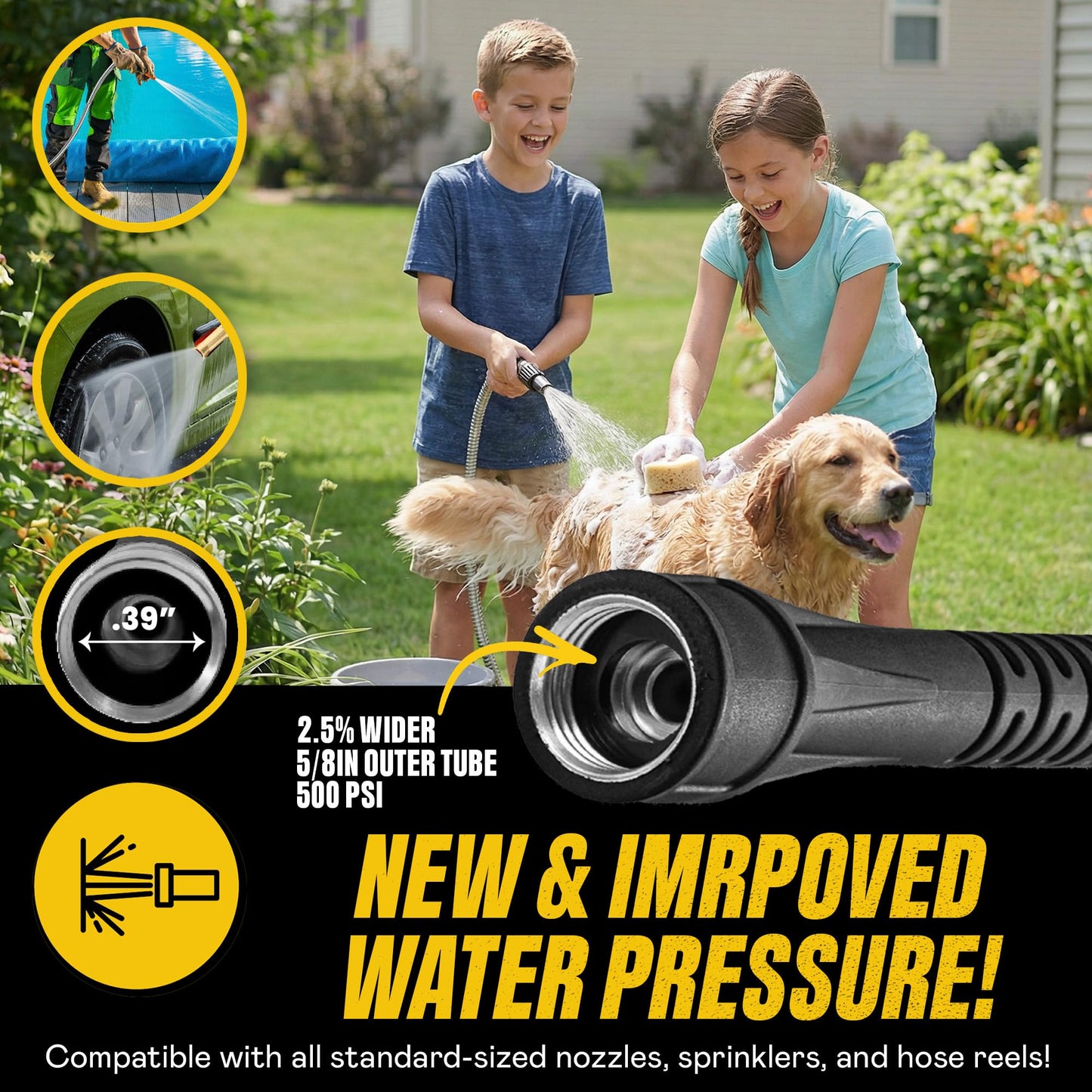 Family with dog in yard using Bionic Steel 50 ft stainless steel garden hose featuring 2.5% wider outer tube, 500 PSI, and improved water pressure