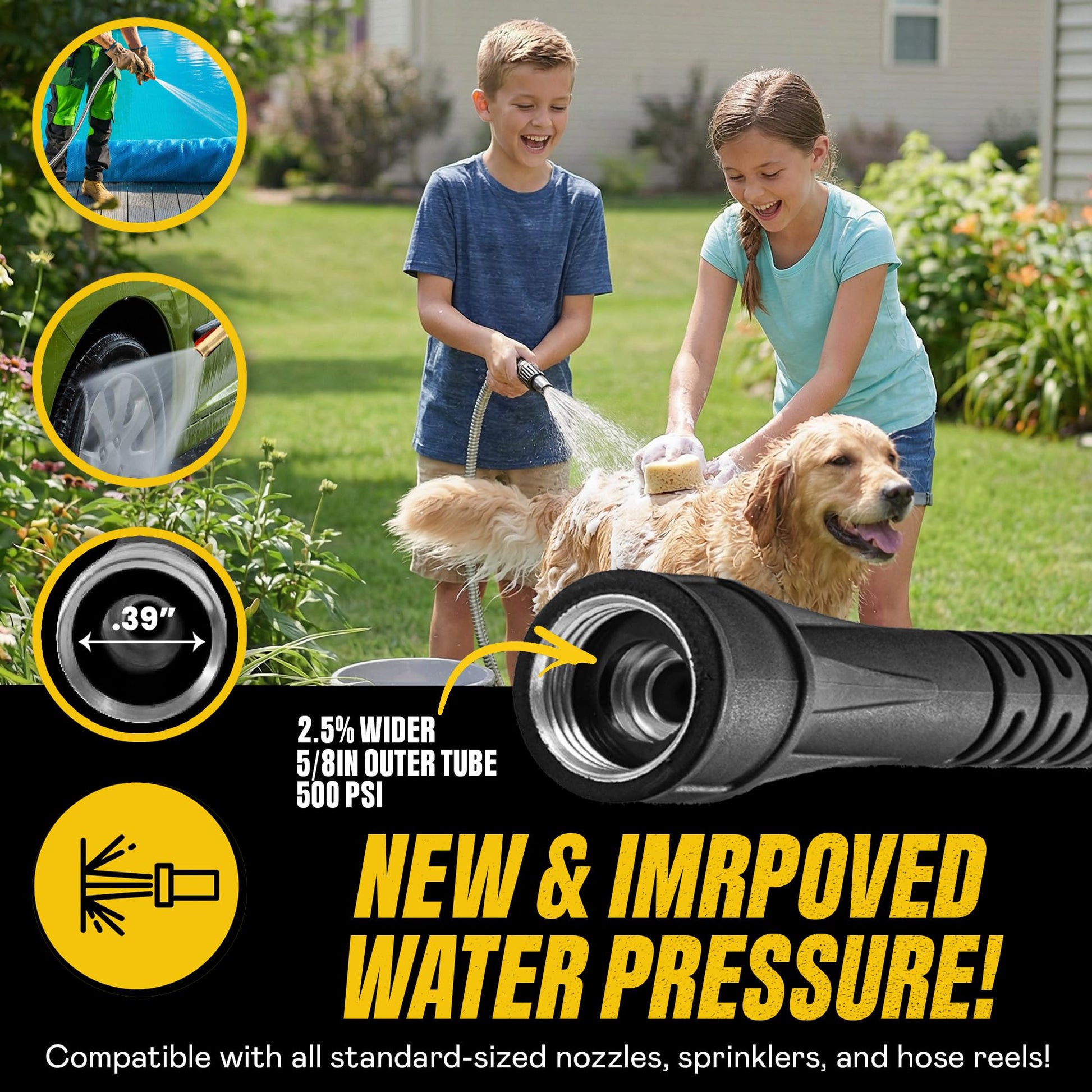 Family with dog in yard using Bionic Steel 50 ft stainless steel garden hose featuring 2.5% wider outer tube, 500 PSI, and improved water pressure