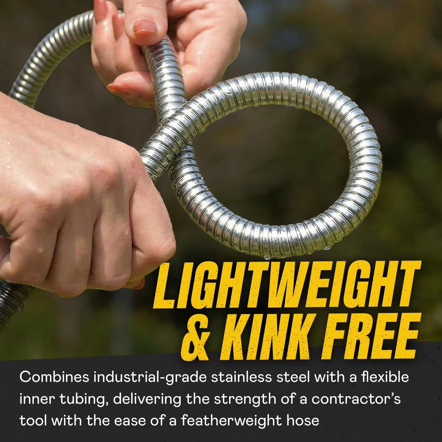 Close-up of hands holding Bionic Steel 50 ft stainless steel garden hose demonstrating its lightweight and kink-free flexible design