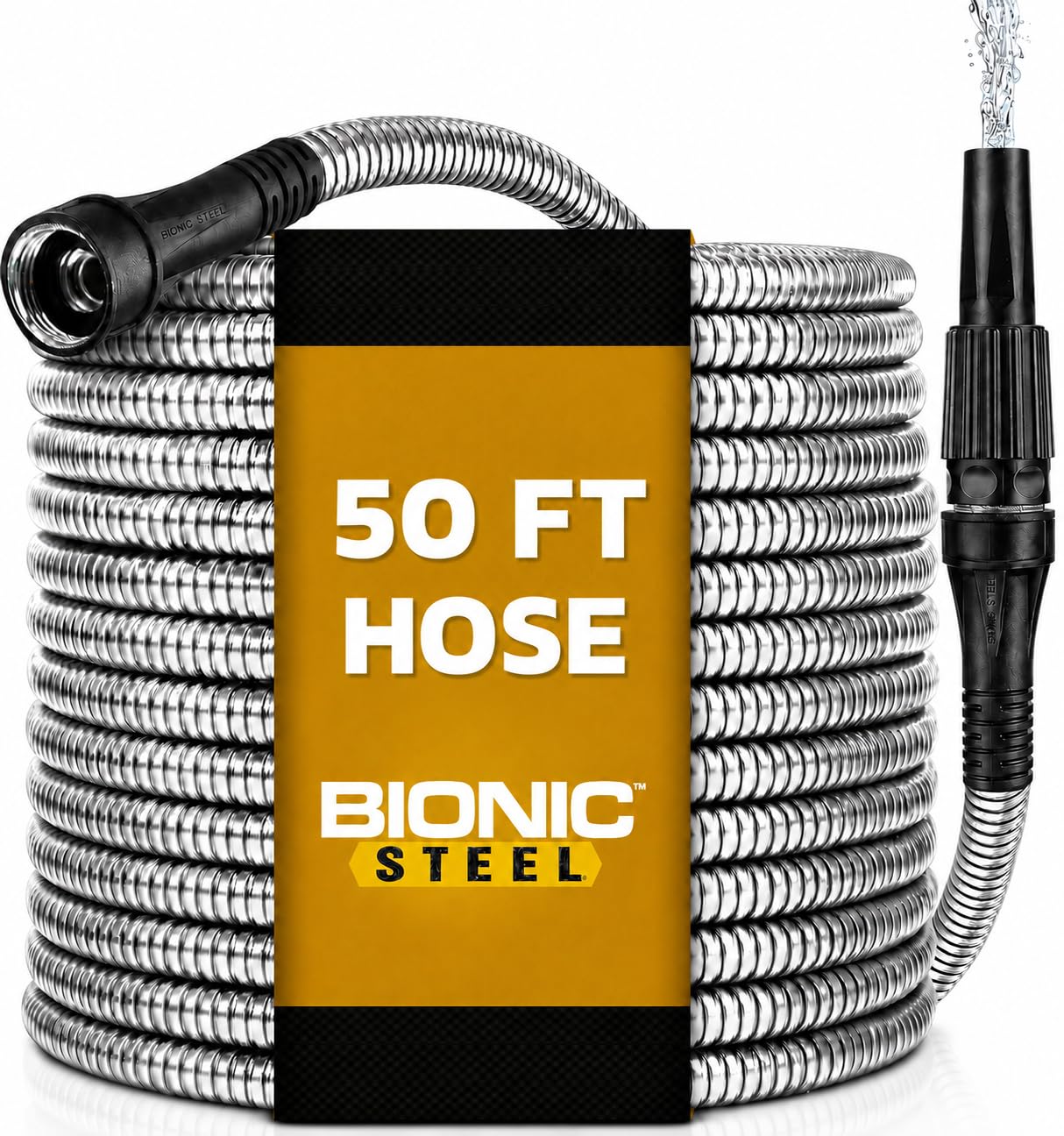 Bionic Steel 50 ft stainless steel garden hose coiled into a flat spiral with spray nozzle