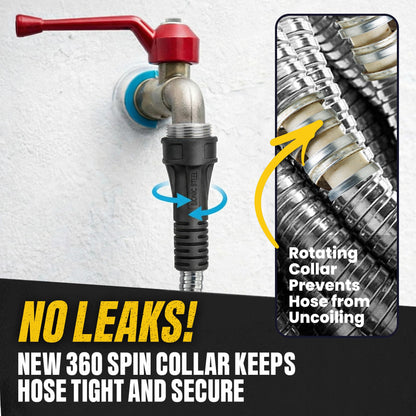 Close-up of Bionic Steel 50 ft stainless steel garden hose featuring a 360-degree rotating collar and valve to prevent uncoiling and leaks