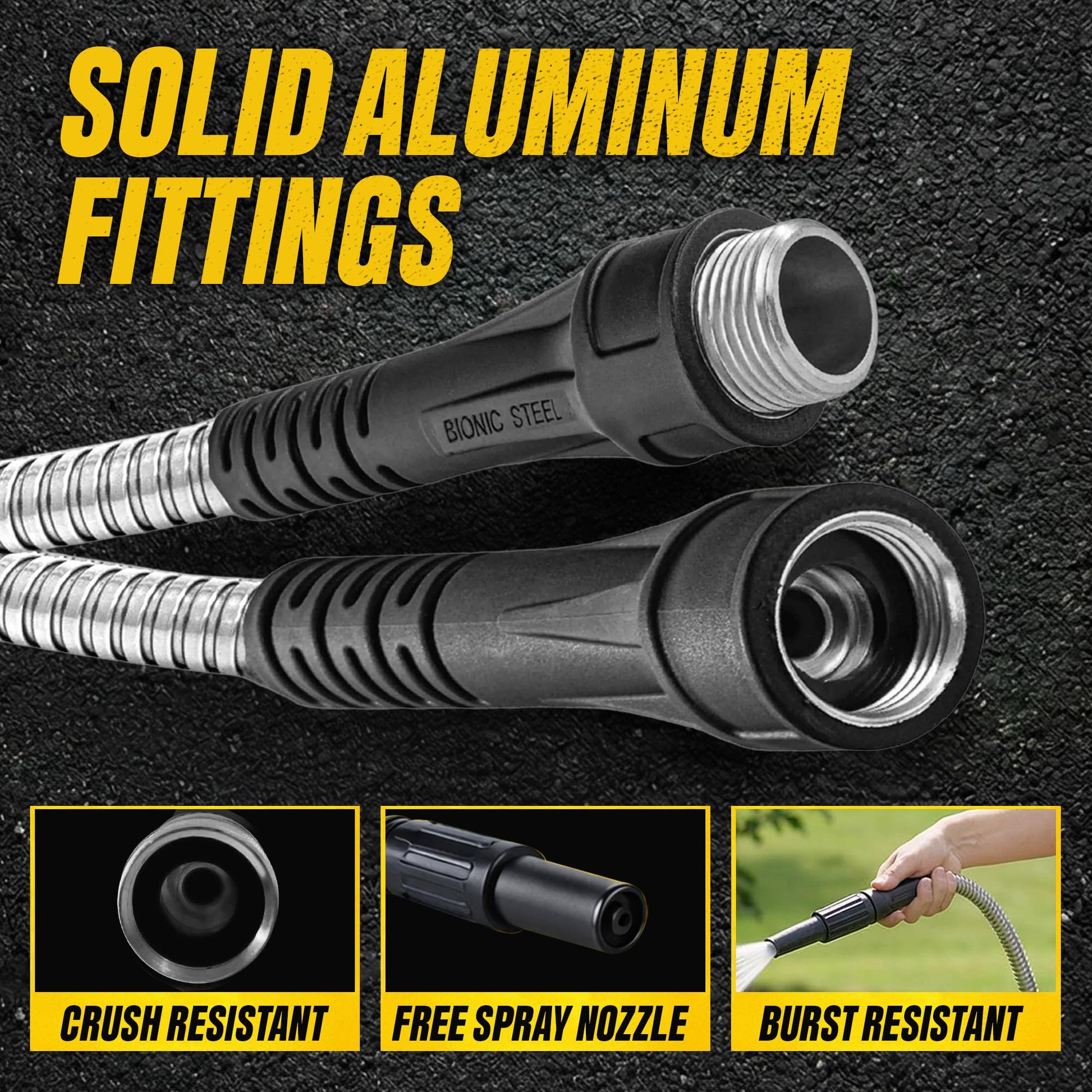 Close-up of Bionic Steel 50 ft stainless steel garden hose solid aluminum fittings highlighting crush-resistant, free spray nozzle, and burst-resistant features