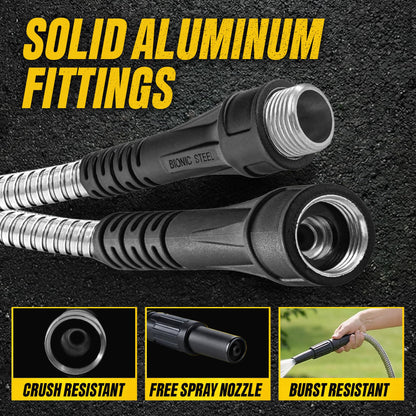 Close-up of Bionic Steel 50 ft stainless steel garden hose solid aluminum fittings highlighting crush-resistant, free spray nozzle, and burst-resistant features