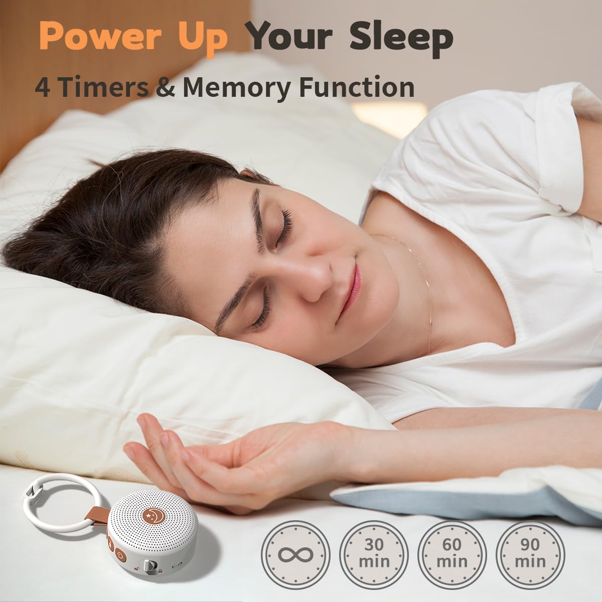 Woman sleeping peacefully on a pillow with the BodyHush portable white noise machine and timer icons displayed in the corner, highlighting 4 timers and memory function.
