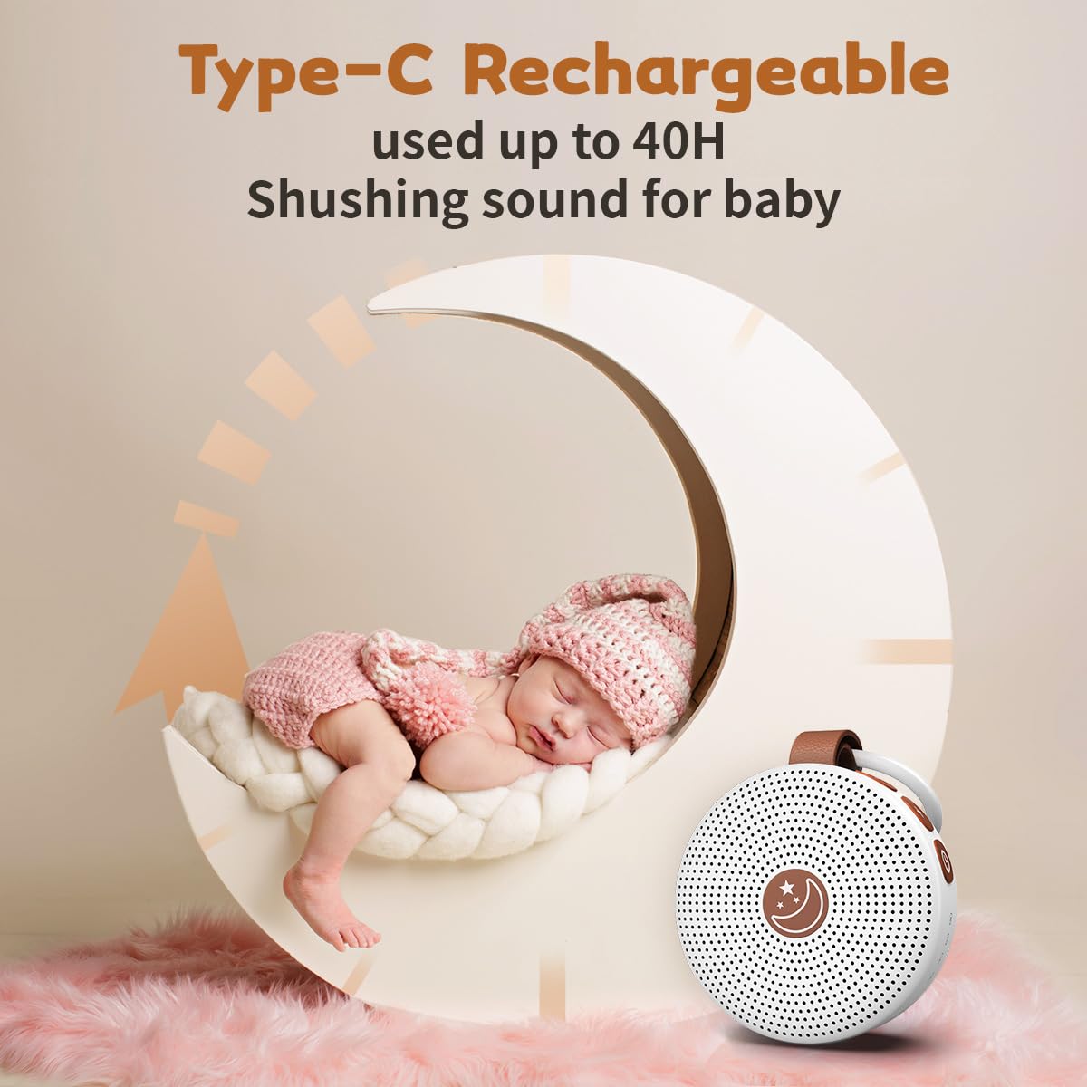 Infographic and lifestyle image showing the BodyHush portable white noise machine with Type-C rechargeable feature, offering up to 40 hours of battery life and shushing sounds for baby sleep.