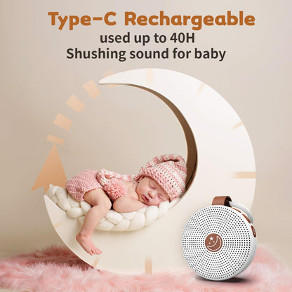 Infographic and lifestyle image showing the BodyHush portable white noise machine with Type-C rechargeable feature, offering up to 40 hours of battery life and shushing sounds for baby sleep.