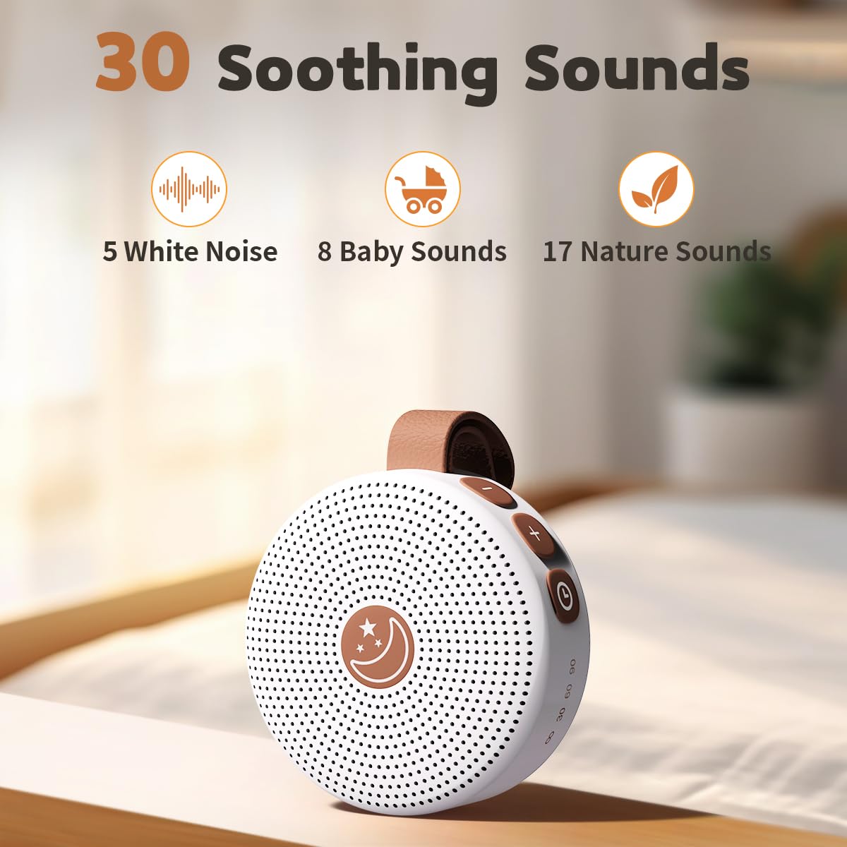 Infographic detailing the 30 soothing sounds of the BodyHush portable white noise machine, including 5 white noise, 8 baby sounds, and 17 nature sounds options.