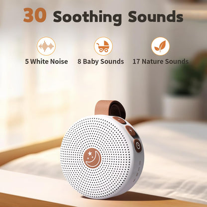 Infographic detailing the 30 soothing sounds of the BodyHush portable white noise machine, including 5 white noise, 8 baby sounds, and 17 nature sounds options.
