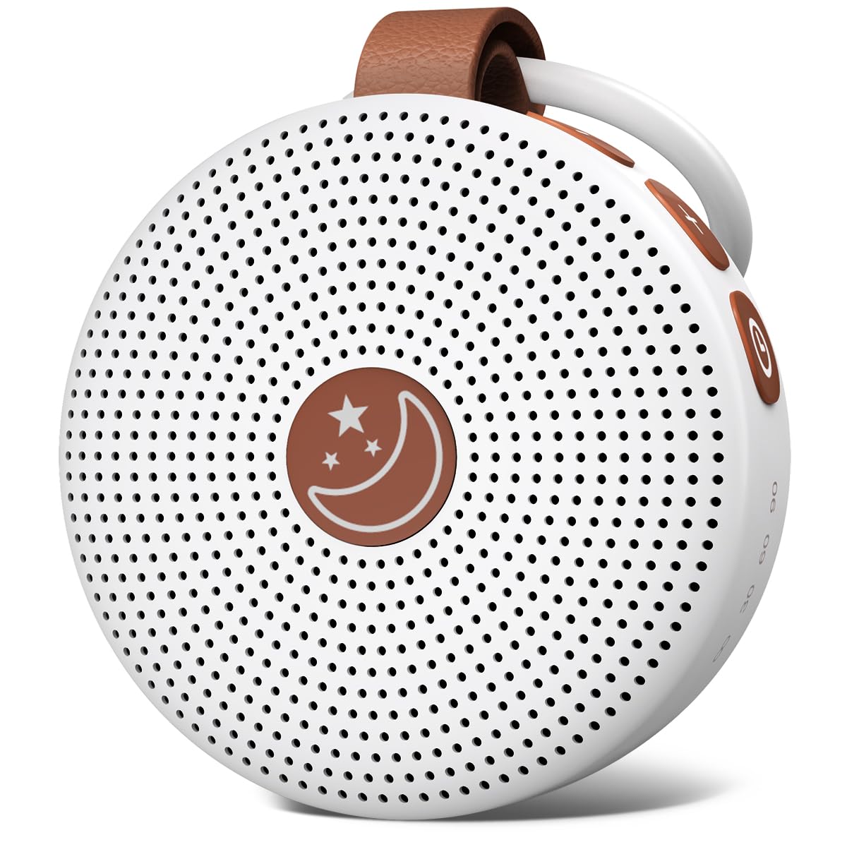 BodyHush Mini Portable White Noise Machine in white with a brown strap and moon logo resting on a soft surface.