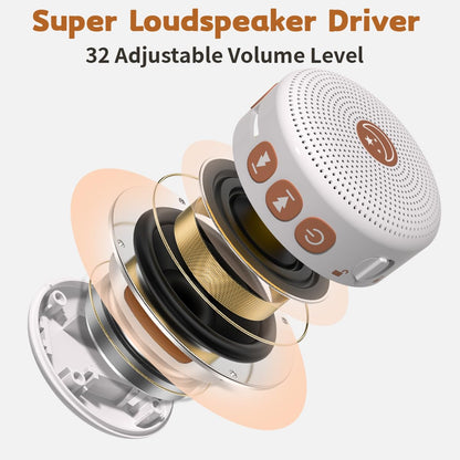 Exploded view of the BodyHush portable white noise machine showing its super loudspeaker driver and 32 adjustable volume levels structure.