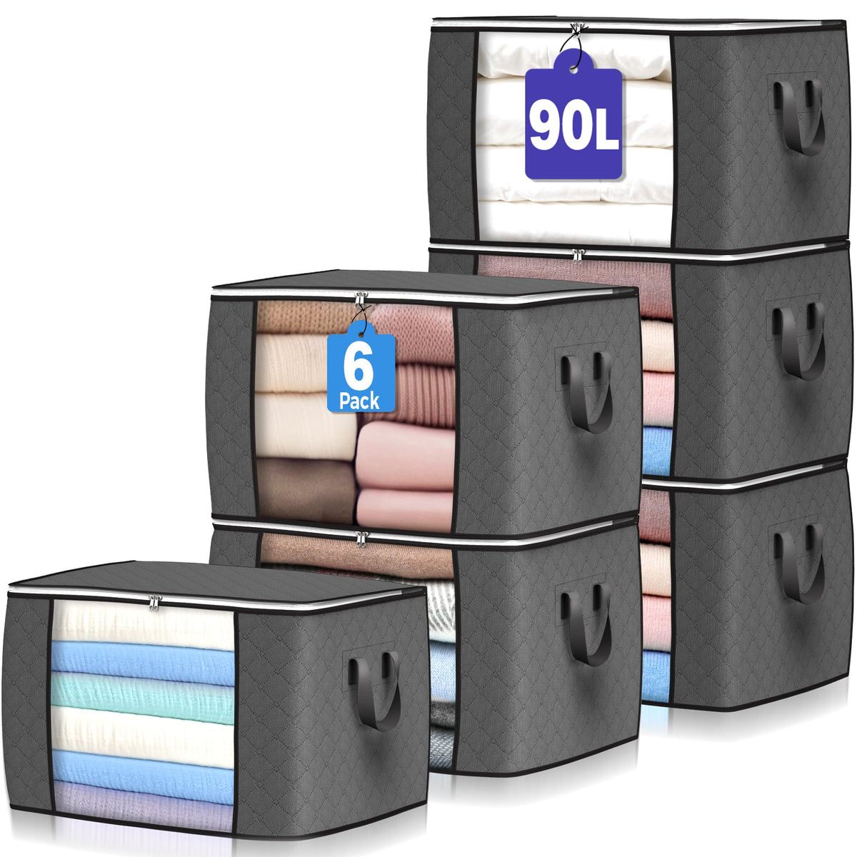 Six dark gray fabric storage bins with handles, shown in a 6-pack arrangement on a white background. Some bins are open and reveal folded clothes inside in various colors.