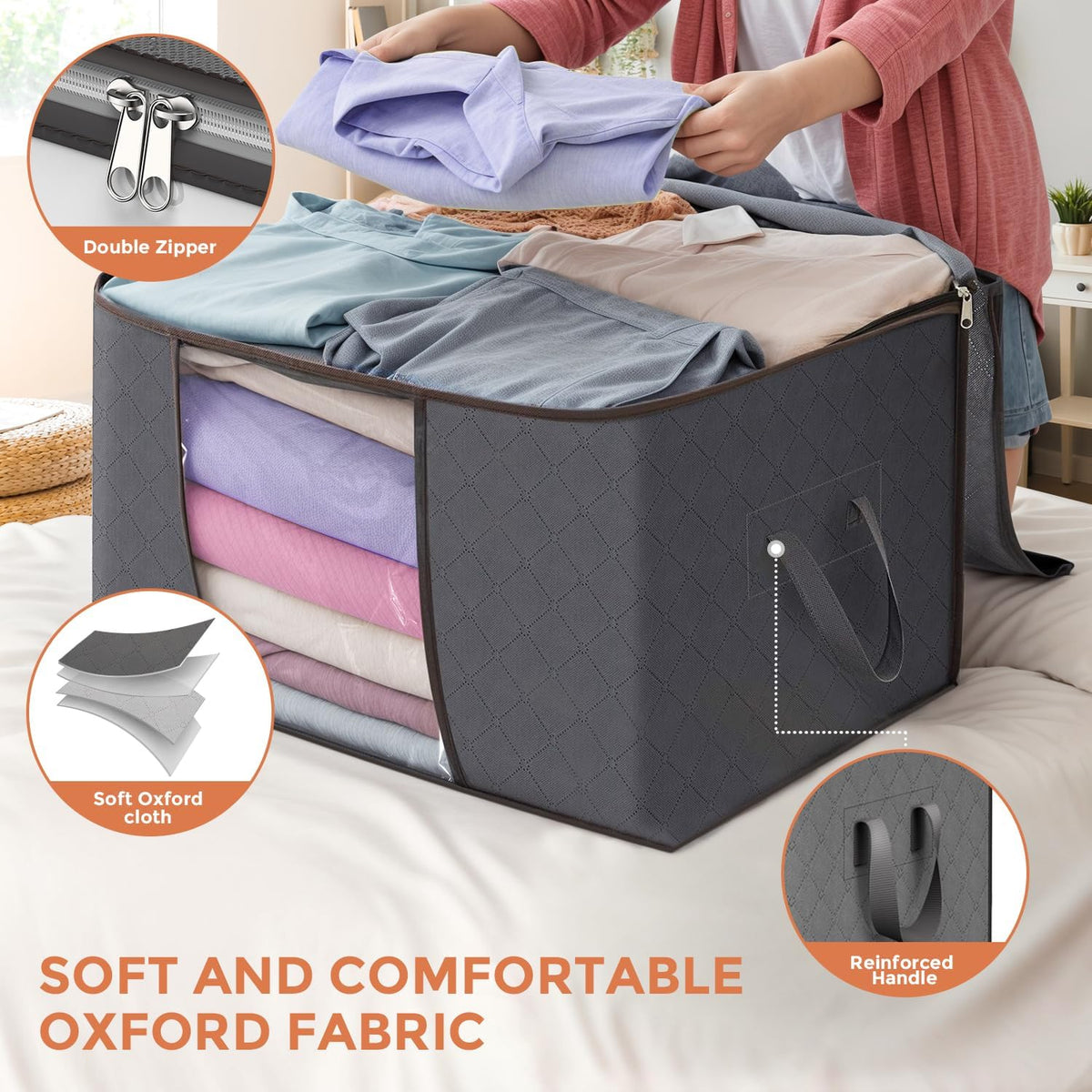 Budding Joy 90L grey storage bag features detail showing double zippers, soft oxford fabric, and reinforced handles