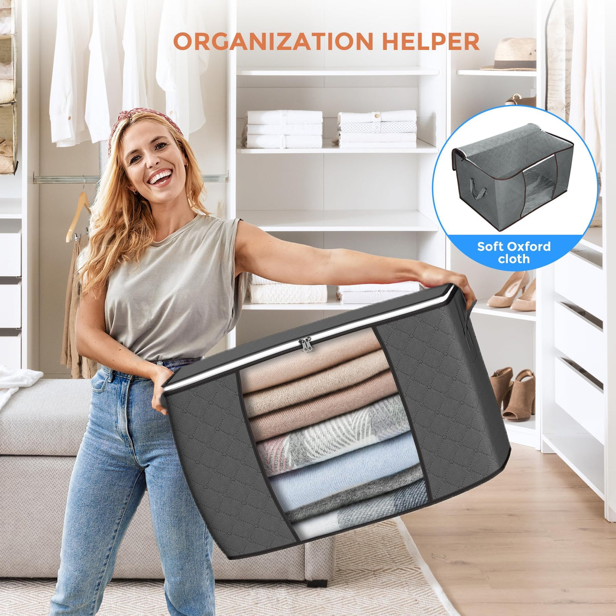Woman holding Budding Joy 90L grey foldable storage bag with soft oxford cloth material in a well-organized walk-in closet background