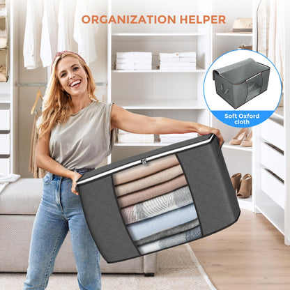 Woman holding Budding Joy 90L grey foldable storage bag with soft oxford cloth material in a well-organized walk-in closet background
