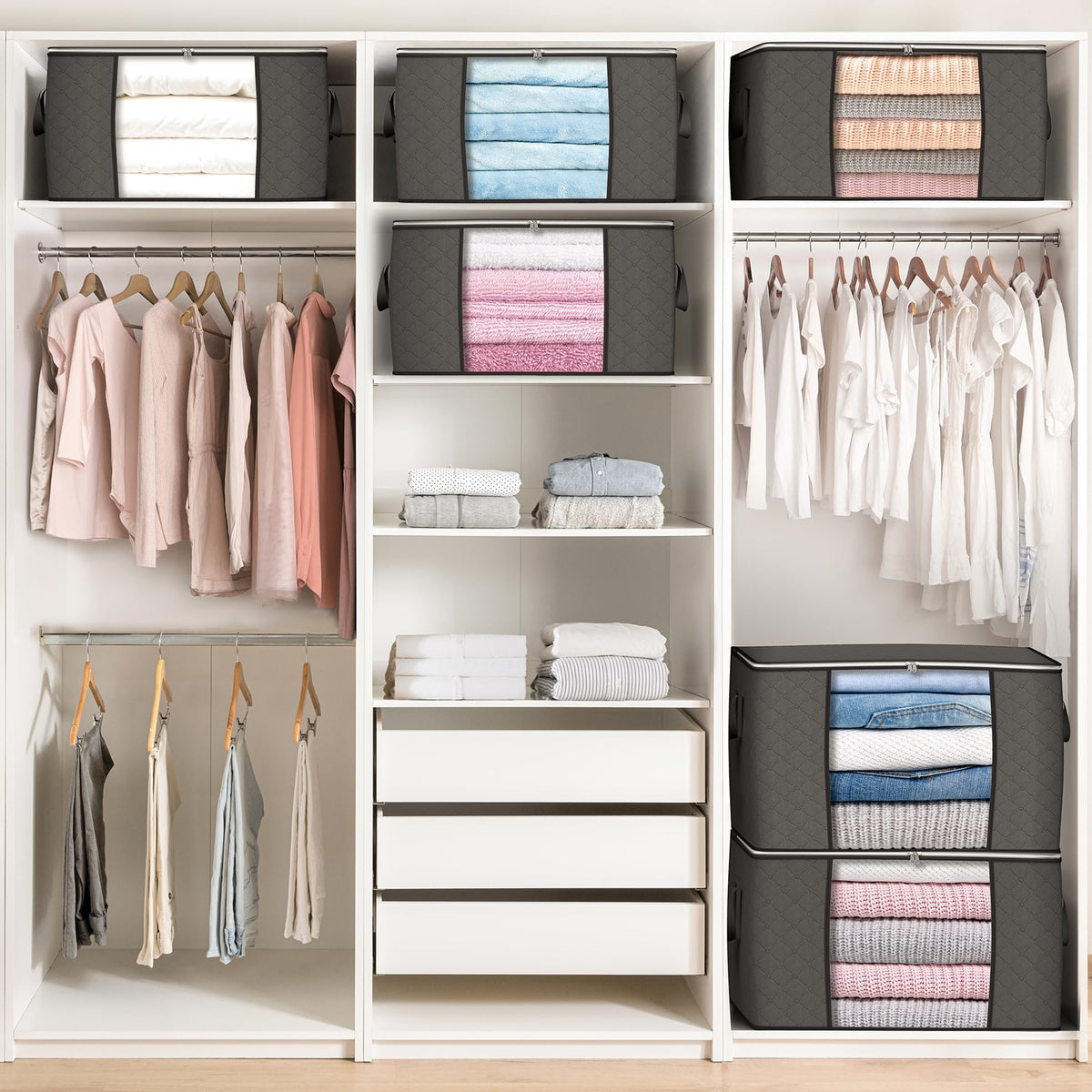 Budding Joy 90L grey foldable storage bins neatly organized inside a modern white wardrobe closet, showing folded clothes and blankets stacked in compartments