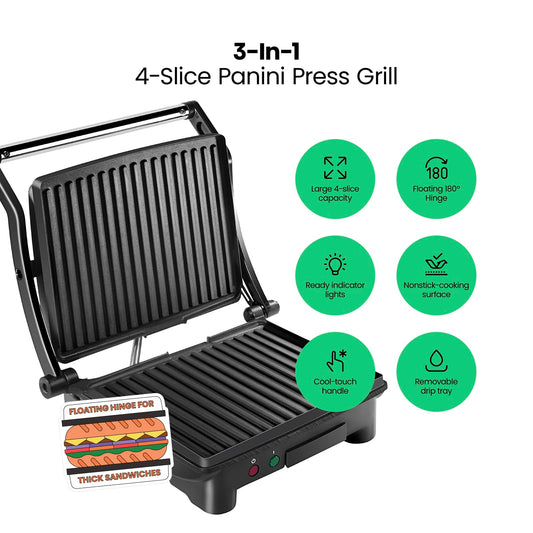 Chefman Panini Press feature highlights showing 3-in-1 4-slice capacity and 180-degree floating hinge