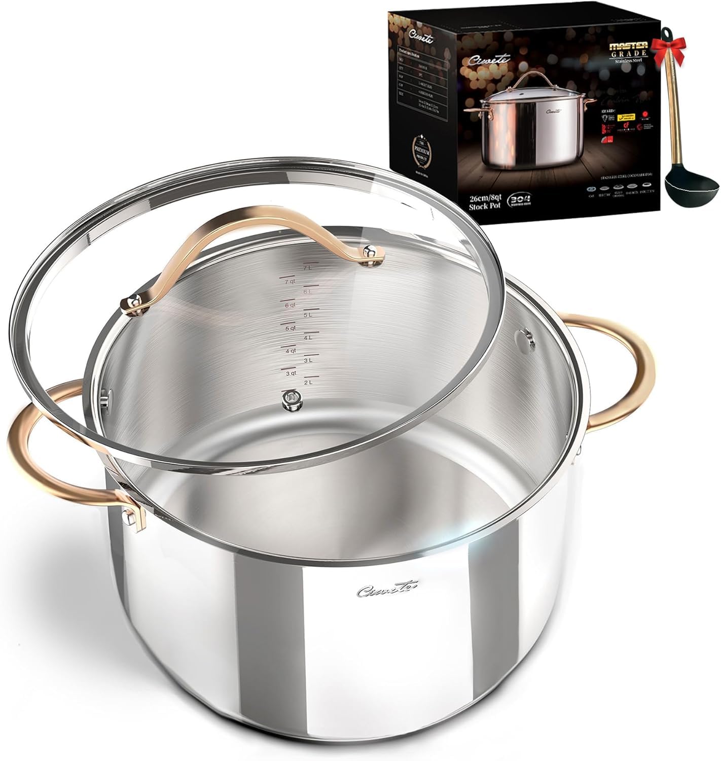 Ciwete 8-Quart Tri-Ply Stainless Steel Stock Pot with glass lid and copper-color handles on a white background