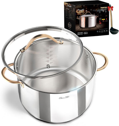 Ciwete 8-Quart Tri-Ply Stainless Steel Stock Pot with glass lid and copper-color handles on a white background