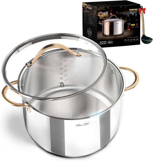 Ciwete 8-Quart Tri-Ply Stainless Steel Stock Pot with glass lid and copper-color handles on a white background