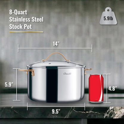 Ciwete 8-Quart Tri-Ply Stainless Steel Stock Pot with product dimension measurements including height, width, and weight displayed on a gray background
