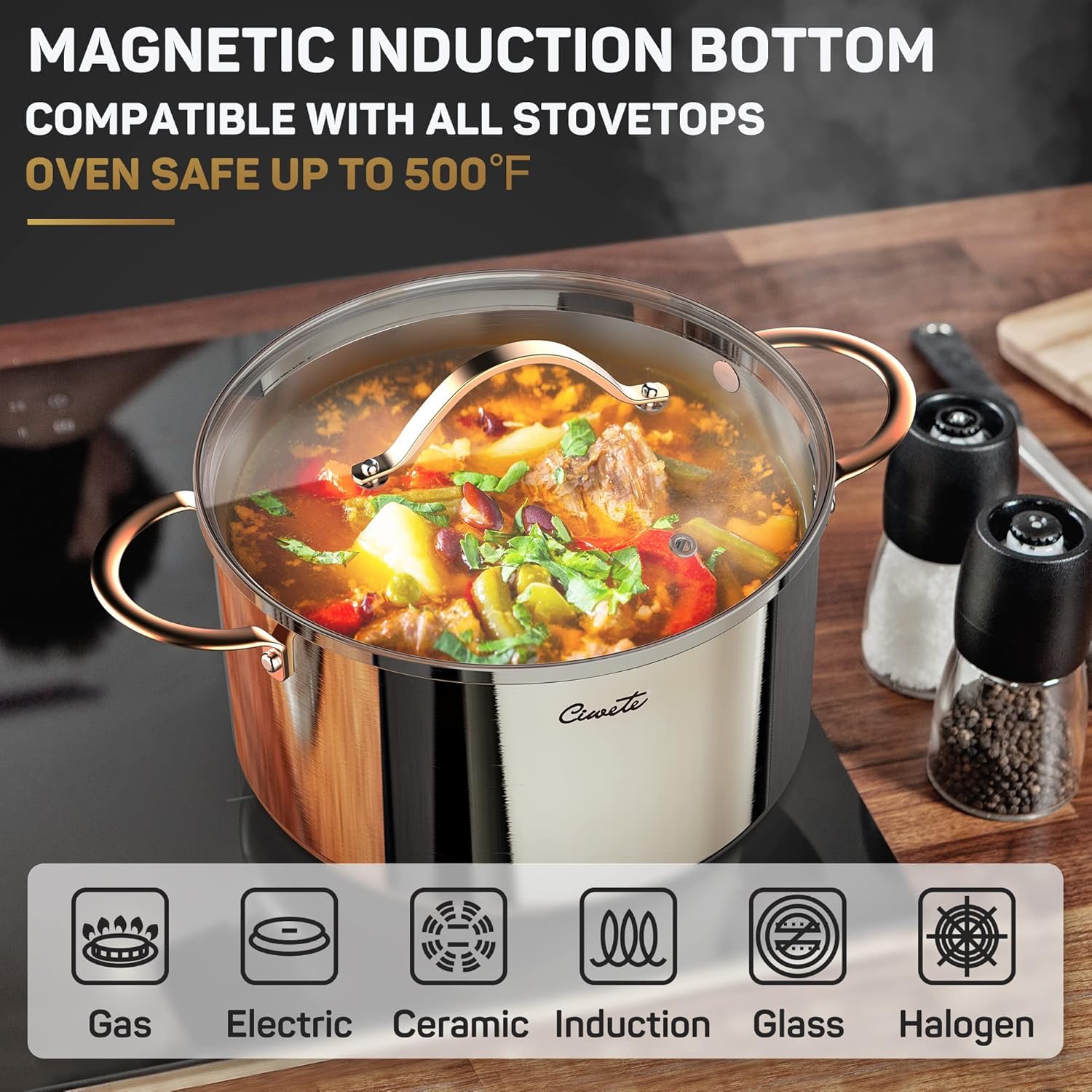 Ciwete 8-Quart Tri-Ply Stainless Steel Stock Pot filled with food on an induction cooktop, highlighting magnetic induction bottom and compatibility with all stovetops including gas, electric, ceramic, glass, and halogen