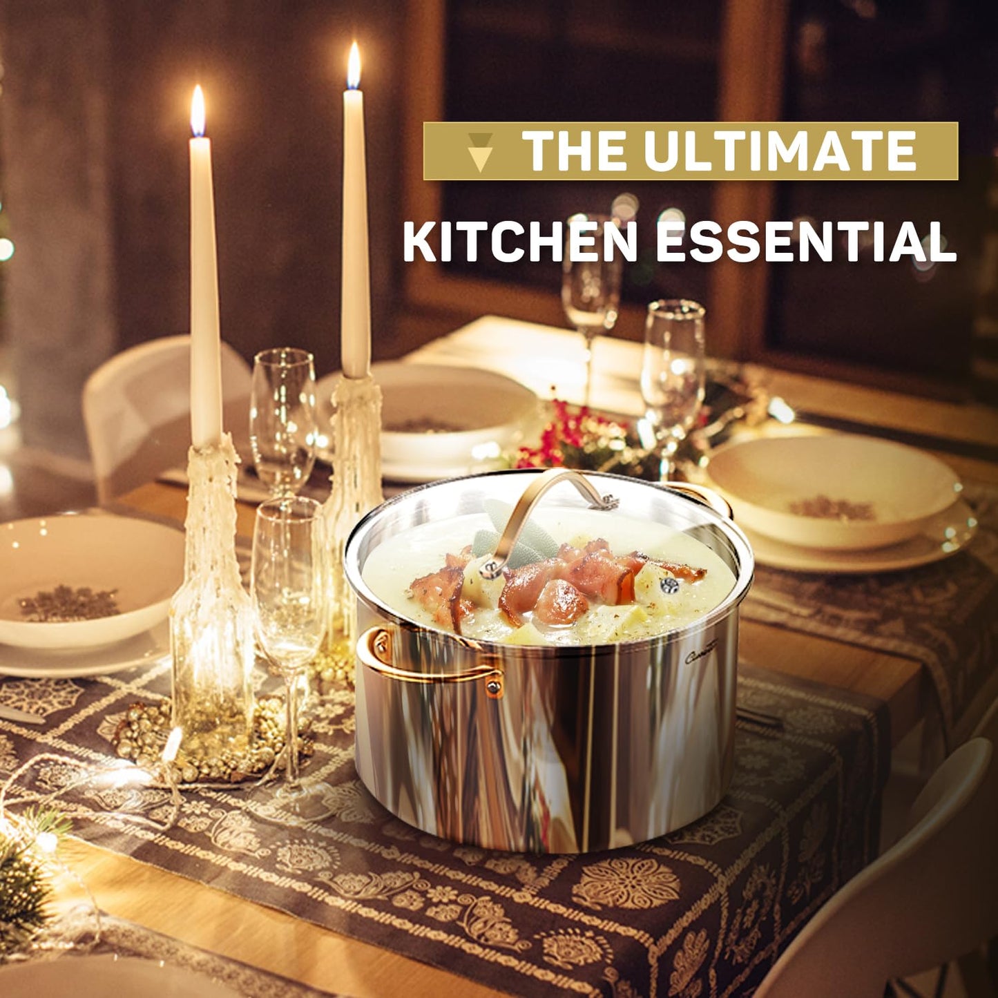 Ciwete 8-Quart Tri-Ply Stainless Steel Stock Pot on a warm dining table with candles and wine glasses, labeled The Ultimate Kitchen Essential