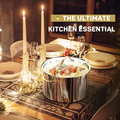 Ciwete 8-Quart Tri-Ply Stainless Steel Stock Pot on a warm dining table with candles and wine glasses, labeled The Ultimate Kitchen Essential