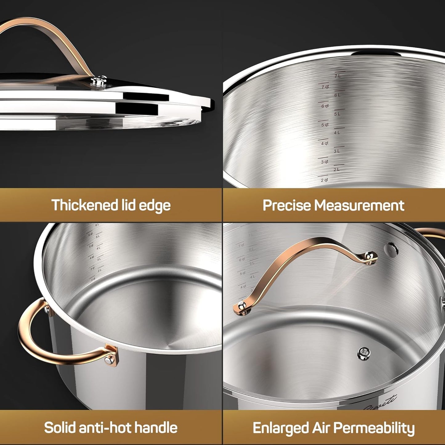 Ciwete 8-Quart Tri-Ply Stainless Steel Stock Pot detail features showing thickened lid edge, precise measurement scales, solid anti-hot handle, and enlarged air permeability