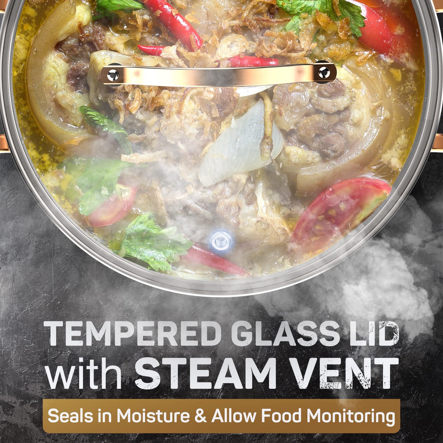 Ciwete 8-Quart Tri-Ply Stainless Steel Stock Pot with tempered glass lid and steam vent showing food cooking inside
