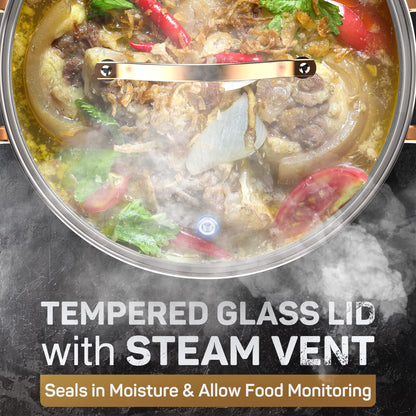 Ciwete 8-Quart Tri-Ply Stainless Steel Stock Pot with tempered glass lid and steam vent showing food cooking inside