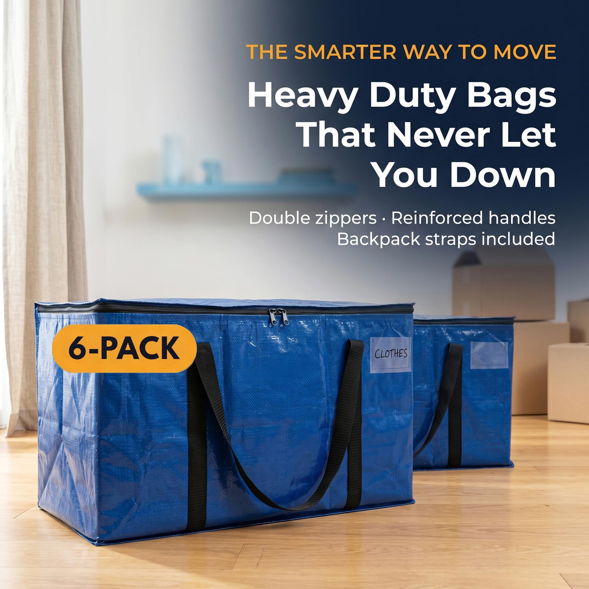 Blue heavy-duty moving bags with black zippers on a wooden floor, labeled '6-Pack