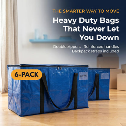 Blue heavy-duty moving bags with black zippers on a wooden floor, labeled '6-Pack