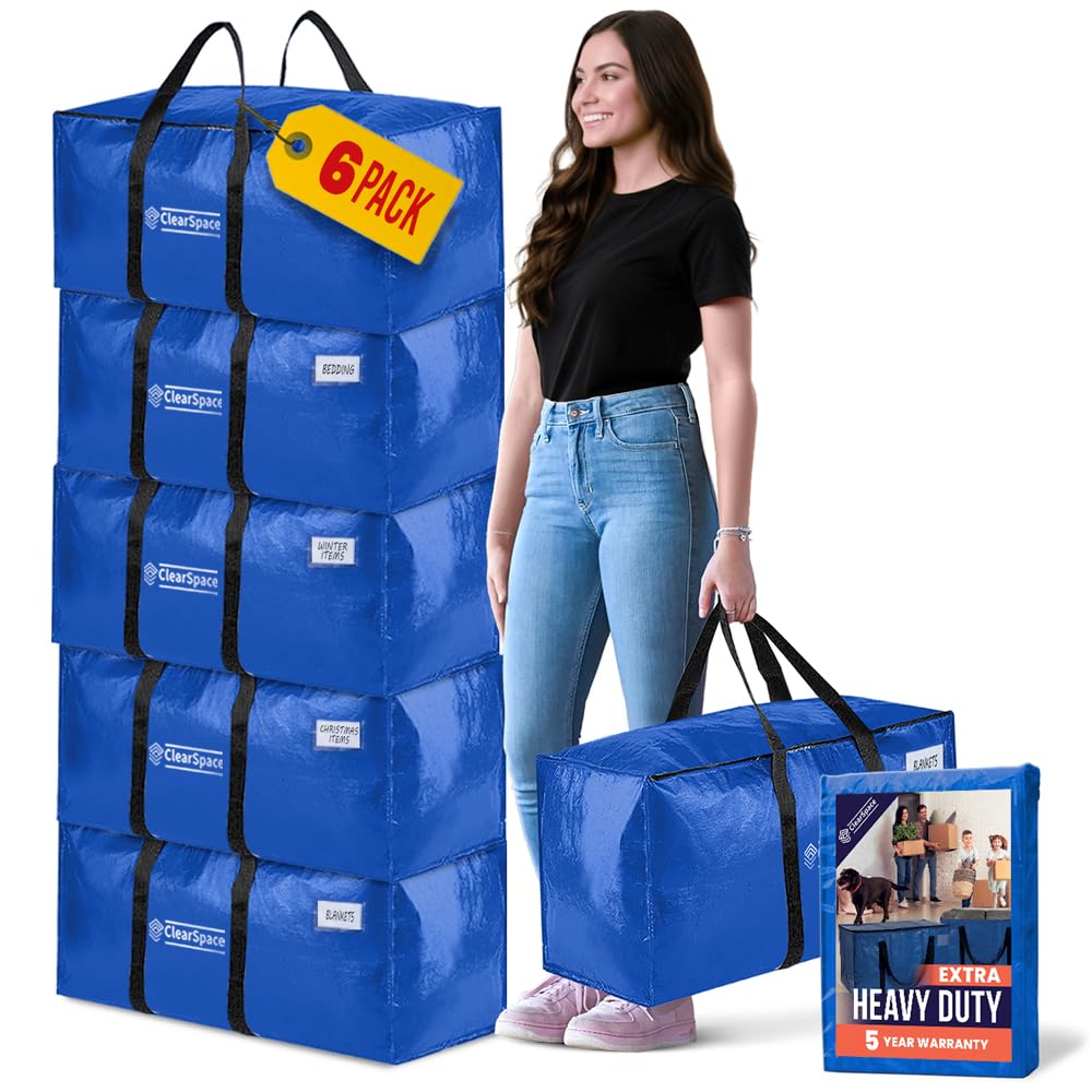 ClearSpace Heavy Duty Moving Bags 6 Pack in blue stacked high with model demonstrating backpack straps
