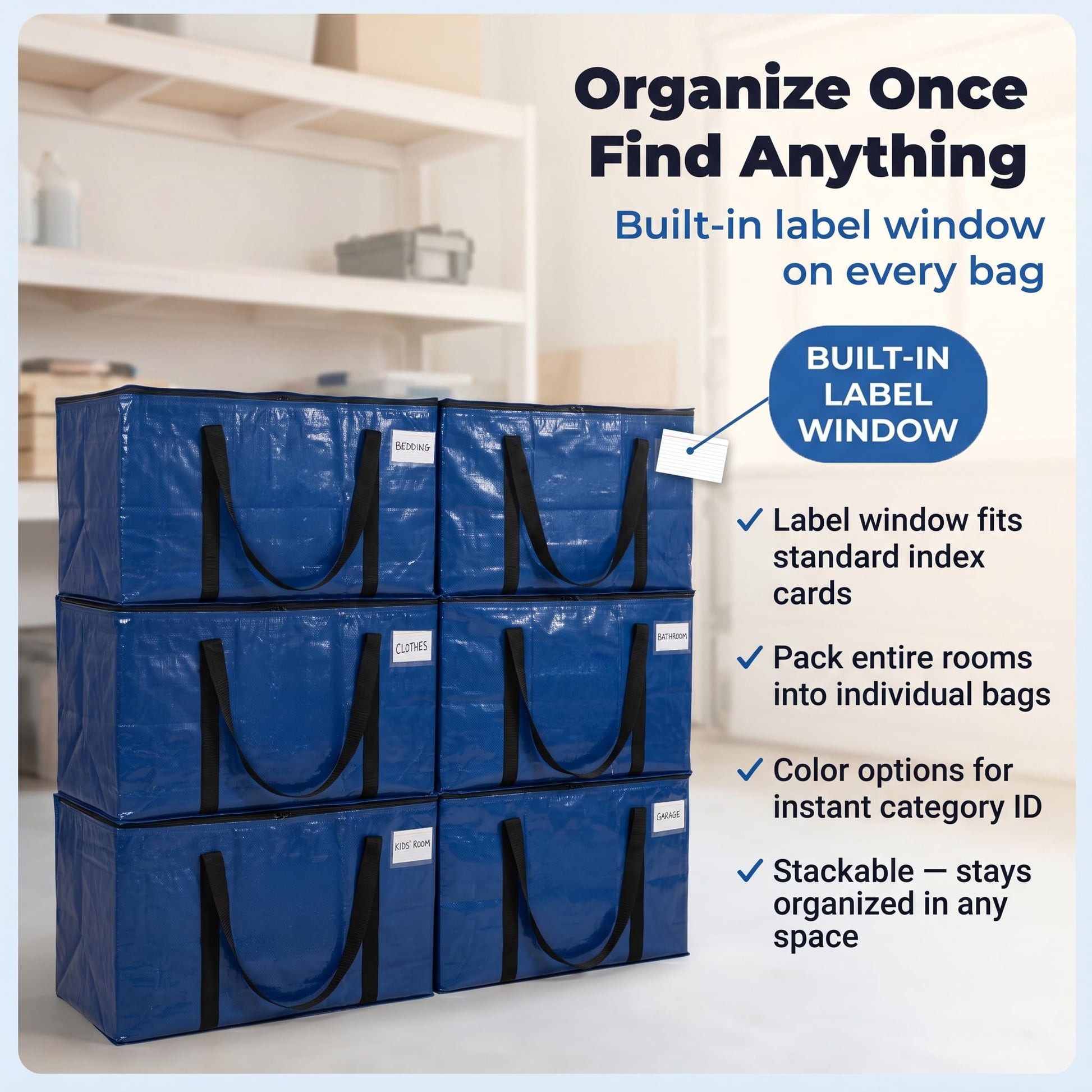 Blue stack of ClearSpace heavy-duty moving bags featuring a built-in label window on each bag for easy categorization and organization.