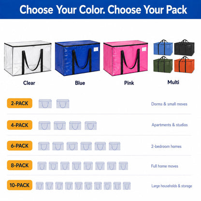 Selection chart showing color options (Clear, Blue, Pink, Multi) and pack sizes ranging from 2-pack to 10-pack for the ClearSpace heavy-duty moving bags.