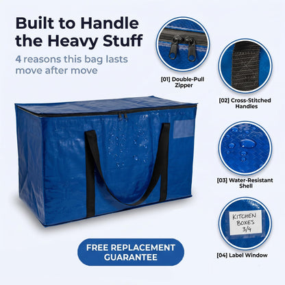 Infographic showing 4 key product features of the blue ClearSpace heavy-duty moving bags, highlighting the double-pull zipper, cross-stitched handles, water-resistant shell, and label window.