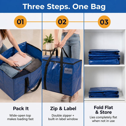 Instructional graphic showing three easy steps to use the ClearSpace moving bags: 1) Pack It with a wide-open top for fast loading, 2) Zip & Label using the double zipper and built-in label window, and 3) Fold Flat & Store by folding it completely flat when not in use.
