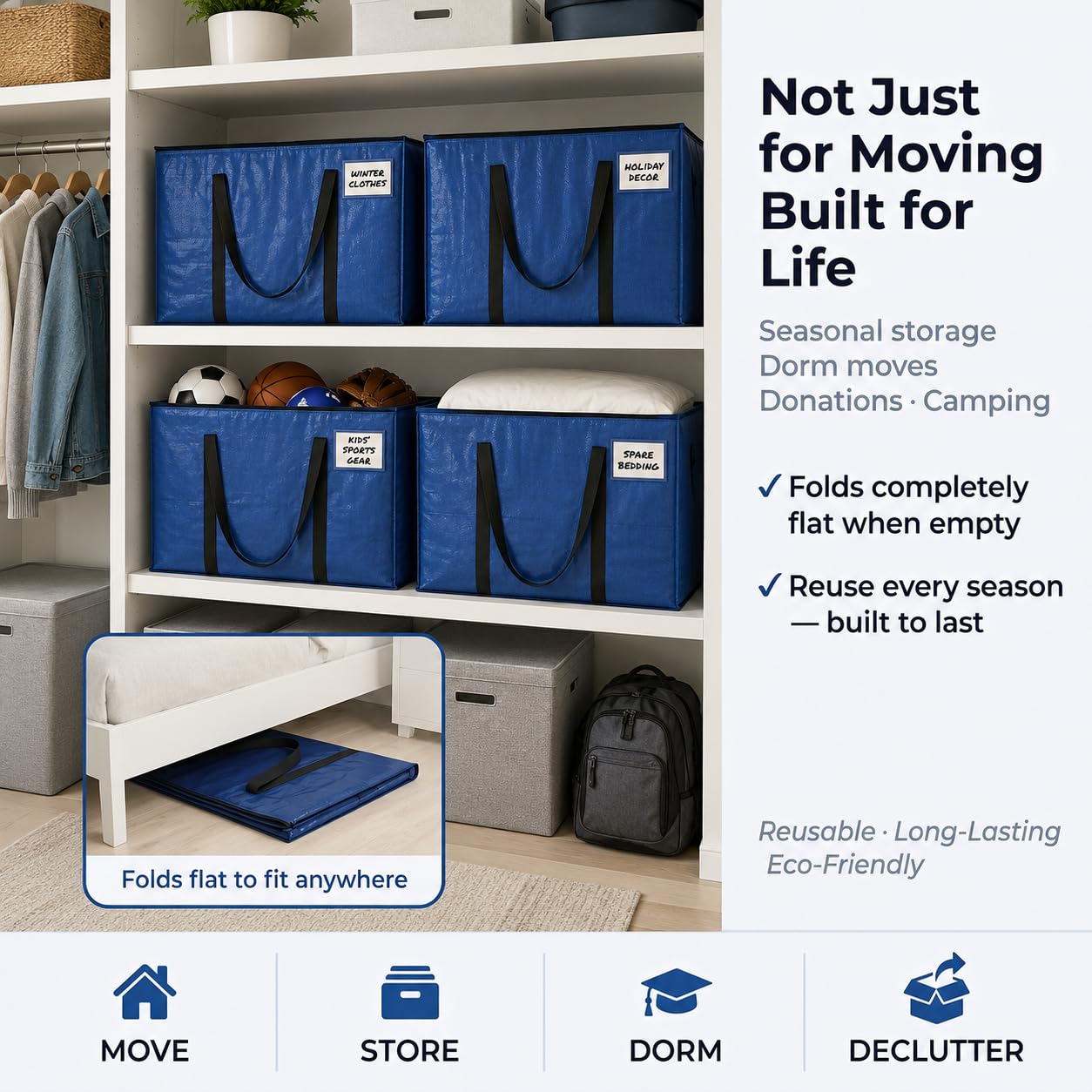 Lifestyle image showing the blue ClearSpace heavy-duty moving bags organized neatly on a white closet shelf, with an inset showing a folded bag stored flat under a bed frame.