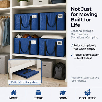 Lifestyle image showing the blue ClearSpace heavy-duty moving bags organized neatly on a white closet shelf, with an inset showing a folded bag stored flat under a bed frame.