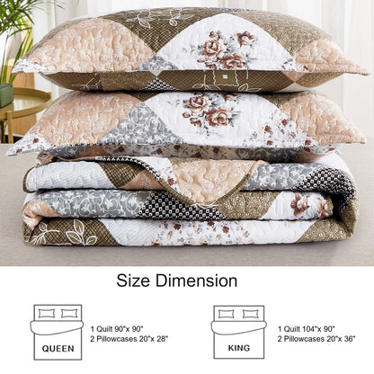 Size dimension chart showing Queen and King sizes with quilt and pillowcase measurements for the Dinjoy Boho Patchwork Floral Quilt Bedding Set