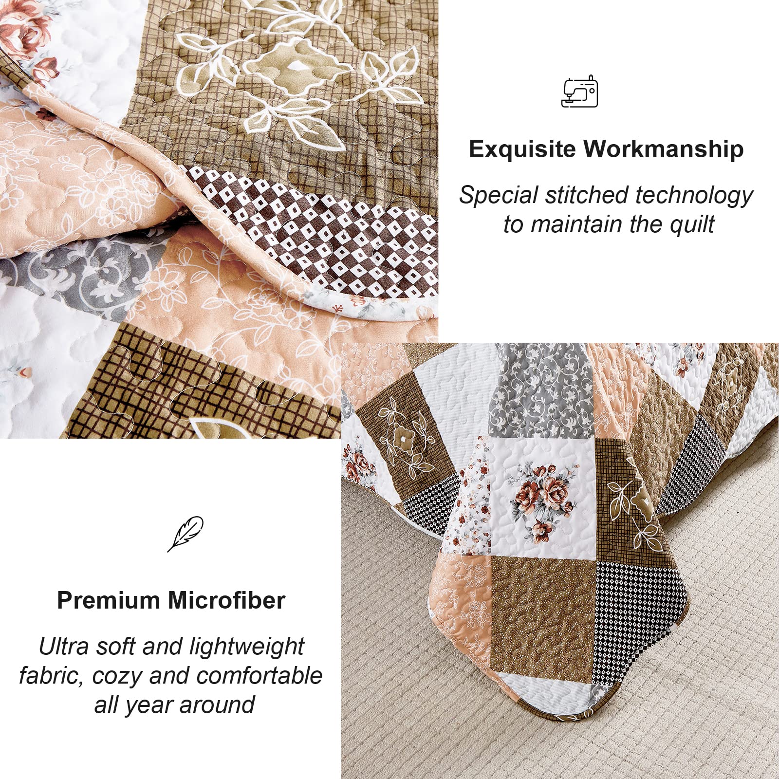 Exquisite workmanship with special stitched technology and ultra-soft premium microfiber of the Dinjoy Boho Patchwork Floral Quilt