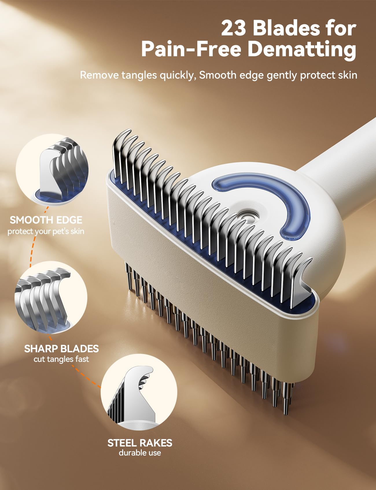 Promotional graphic for the FEELNEEDY Dual-Sided Pet Steam Brush highlighting its 23 stainless steel blades for pain-free dematting, smooth protective skin edges, and steel rakes for durable use.