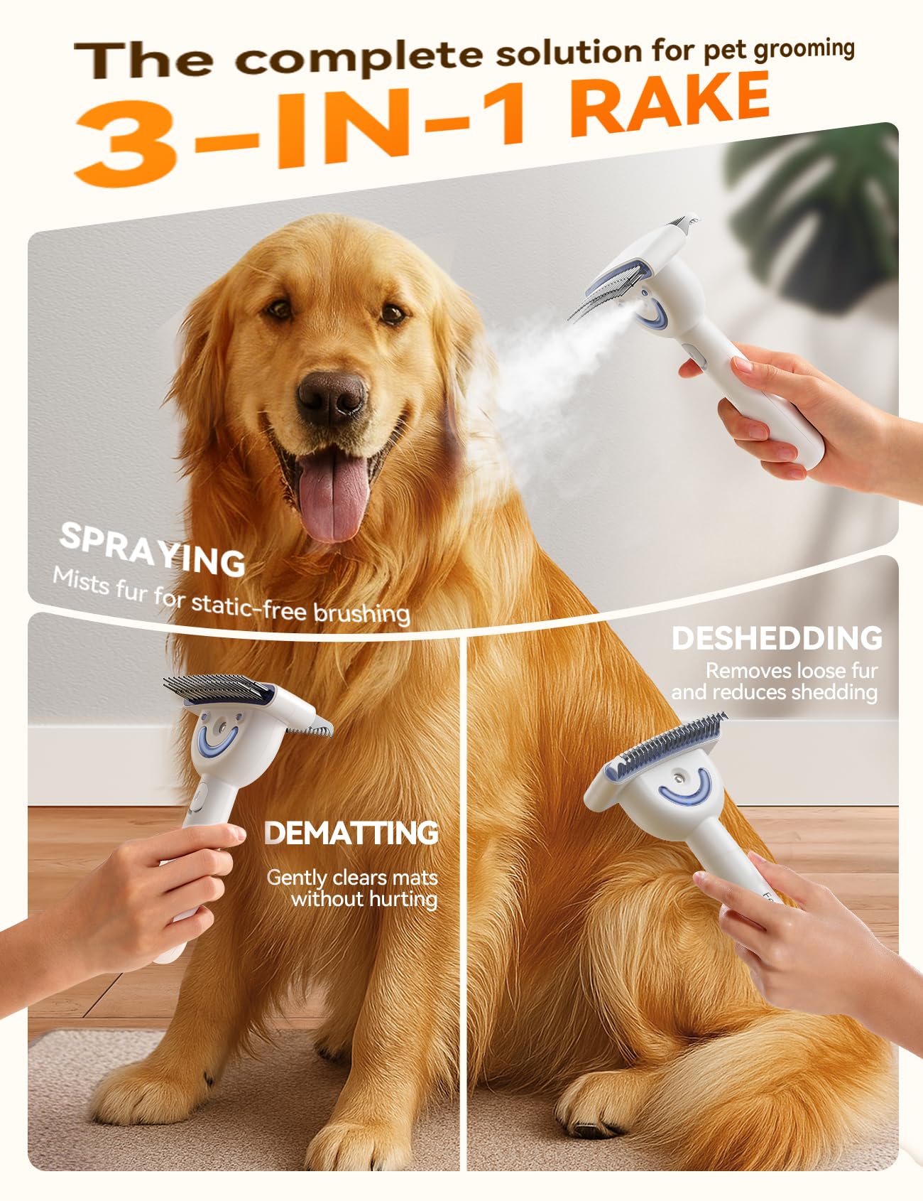 Promotional banner for the FEELNEEDY Dual-Sided Dematting and Deshedding Dog & Cat Steam Brush showing a golden retriever and breaking down the three key functions: spraying, dematting, and deshedding.