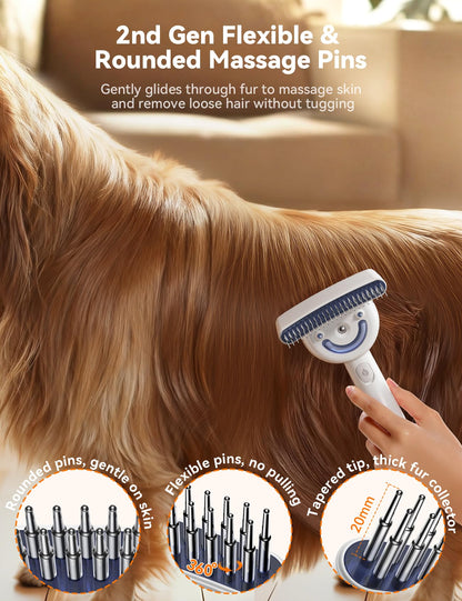 Promotional graphic showing a golden retriever close-up, highlighting the 2nd generation flexible and rounded 20mm massage pins of the FEELNEEDY pet brush designed to glide through fur without pulling.