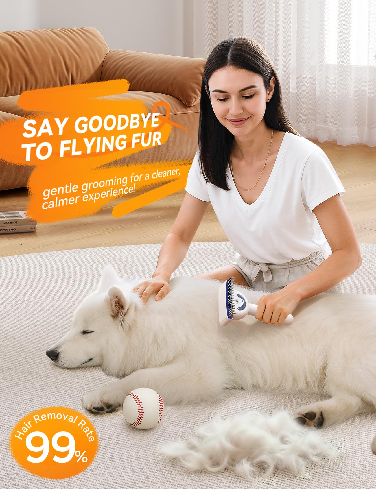 Lifestyle promotional photo of a woman grooming a white dog with the FEELNEEDY Dual-Sided Pet Steam Brush in a living room, highlighting a 99% hair removal rate badge and "Say Goodbye to Flying Fur" text overlay.