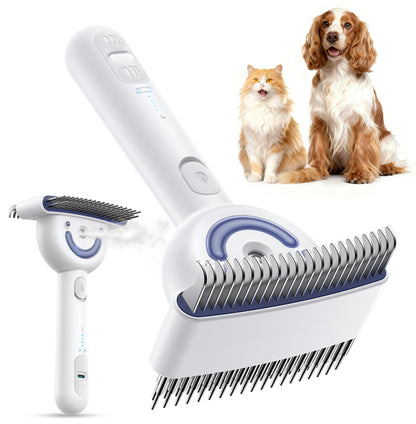 White and blue dual-sided pet grooming brush with metal tines shown from front and side angles, featuring a curved blue accent, control buttons, and steam vents.