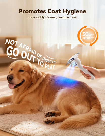 Promotional graphic showing a golden retriever enjoying the outdoors with the FEELNEEDY Dual-Sided Pet Steam Brush, featuring a "Promotes Coat Hygiene" and "30-Day Protect" badge.